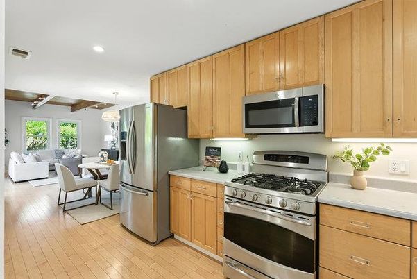 Dining room, Interior, Kitchen, Living room, Pendant Lights, Recessed Lighting, Stainless Steel Appliances, Wooden Beams, Wooden Ceilings, Wood Texture Flooring