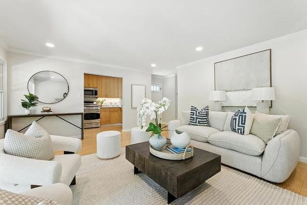 Interior, Kitchen, Living room, Recessed Lighting, Stainless Steel Appliances, Wood Texture Flooring