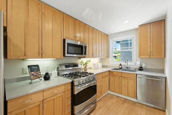 Interior, Kitchen, Recessed Lighting, Stainless Steel Appliances, Wood Texture Flooring