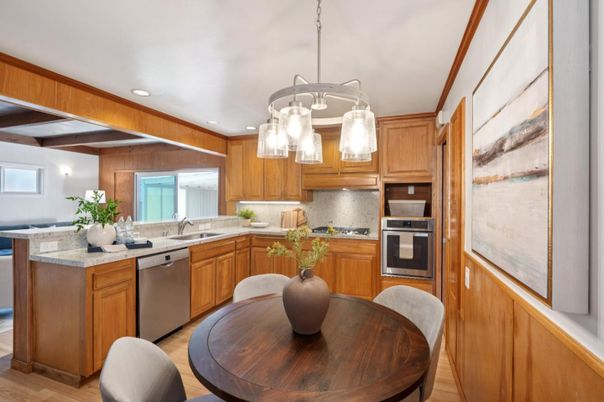 Interior, Kitchen, Pendant Lights, Recessed Lighting, Stainless Steel Appliances, Wood Texture Flooring