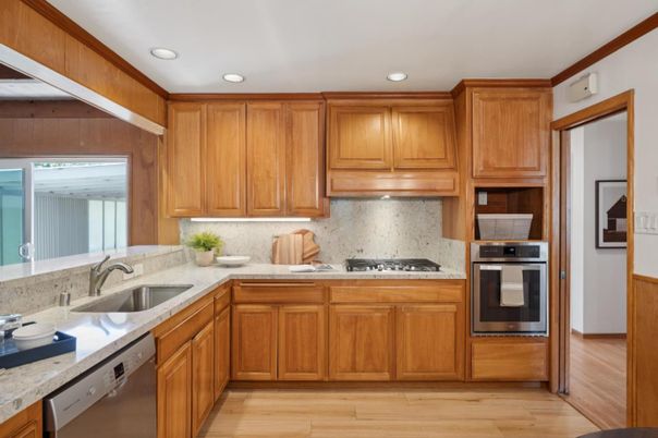 Interior, Kitchen, Recessed Lighting, Stainless Steel Appliances, Wood Texture Flooring