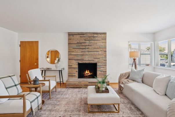 Fireplace, Interior, Living room, Stone Walls, Wood Texture Flooring