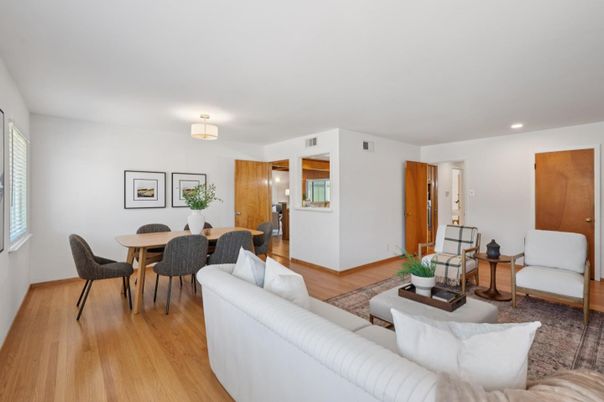 Dining room, Interior, Living room, Recessed Lighting, Wood Texture Flooring
