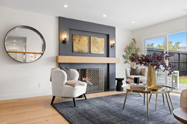 Fireplace, Home Office, Interior, Recessed Lighting, Wood Texture Flooring