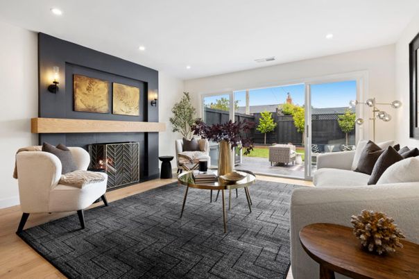 Fireplace, Interior, Living room, Recessed Lighting, Wood Texture Flooring