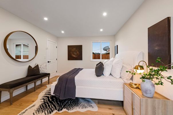 Bedroom, Interior, Recessed Lighting, Wood Texture Flooring