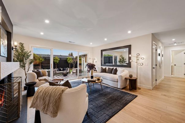 Fireplace, Interior, Living room, Recessed Lighting, Wood Texture Flooring