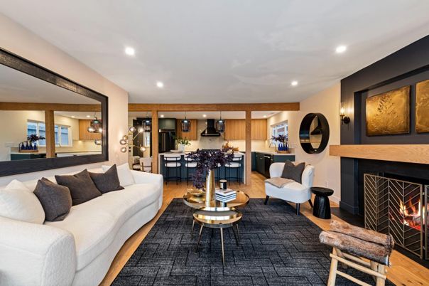 Dining room, Fireplace, Interior, Kitchen, Living room, Pendant Lights, Recessed Lighting, Wood Texture Flooring