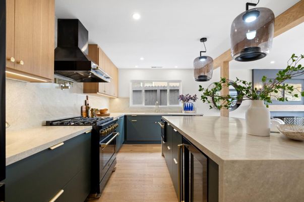 Interior, Kitchen, Pendant Lights, Recessed Lighting, Wood Texture Flooring
