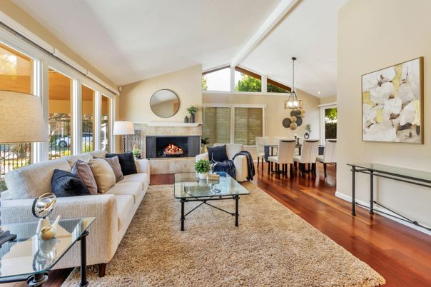 Dining room, Fireplace, Interior, Living room, Pendant Lights, Wood Texture Flooring