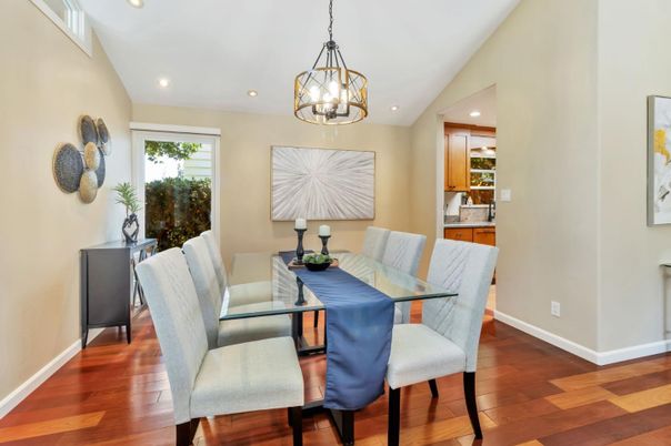 Dining room, Interior, Pendant Lights, Recessed Lighting, Wood Texture Flooring