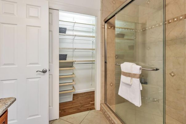 Bathroom, Glass Shower, Interior, Walk-in Closets, Wood Texture Flooring
