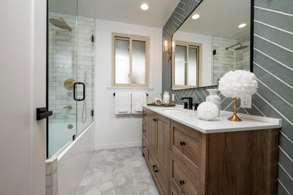 Bathroom, Dual Sink Vanities, Glass Shower, Interior, Marble, Recessed Lighting