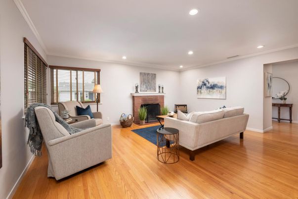 Fireplace, Interior, Living room, Recessed Lighting, Wood Texture Flooring