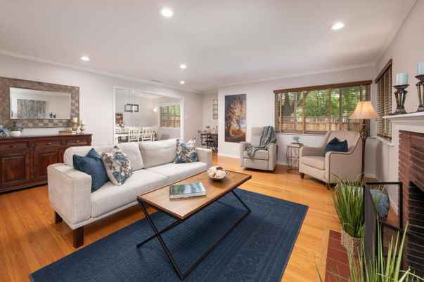 Dining room, Fireplace, Interior, Living room, Pendant Lights, Recessed Lighting, Wood Texture Flooring