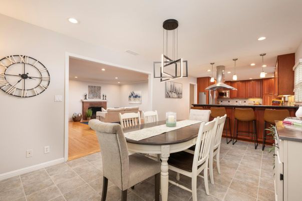 Dining room, Fireplace, Interior, Kitchen, Living room, Pendant Lights, Recessed Lighting, Wood Texture Flooring