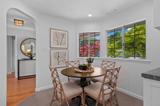 Dining room, Interior, Recessed Lighting, Wood Texture Flooring