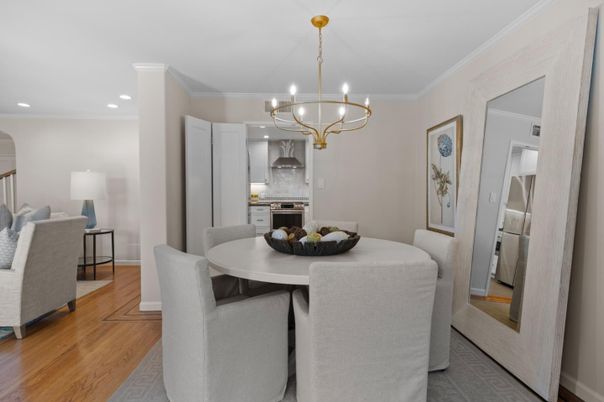 Chandelier, Dining room, Interior, Kitchen, Recessed Lighting, Stainless Steel Appliances, Wood Texture Flooring