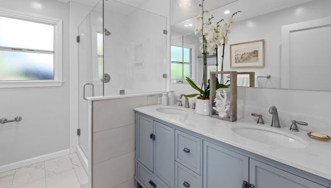 Bathroom, Dual Sink Vanities, Glass Shower, Interior, Marble, Recessed Lighting