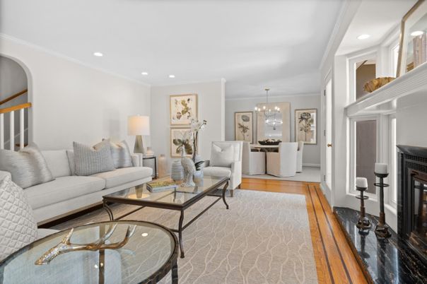 Chandelier, Dining room, Fireplace, Interior, Living room, Recessed Lighting, Wood Texture Flooring
