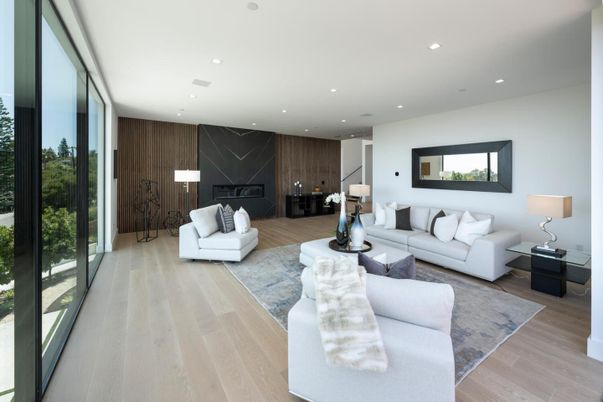 Fireplace, Interior, Living room, Marble Walls, Recessed Lighting, Wood Texture Flooring