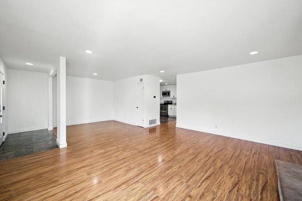 Empty room, Interior, Kitchen, Recessed Lighting, Wood Texture Flooring