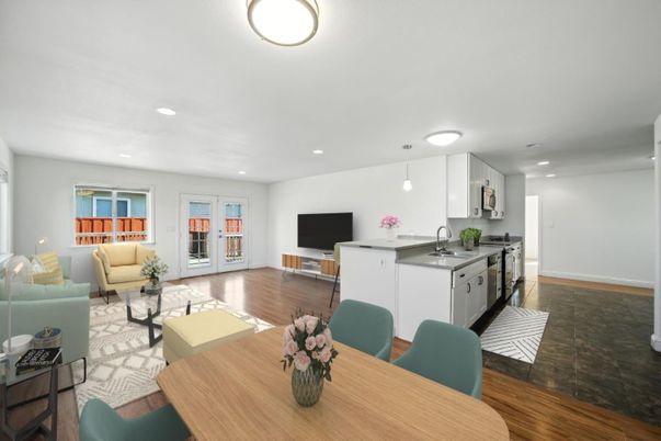 Dining room, Interior, Kitchen, Living room, Pendant Lights, Recessed Lighting, Wood Texture Flooring