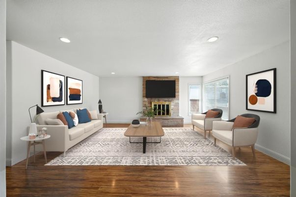 Fireplace, Interior, Living room, Recessed Lighting, Wood Texture Flooring