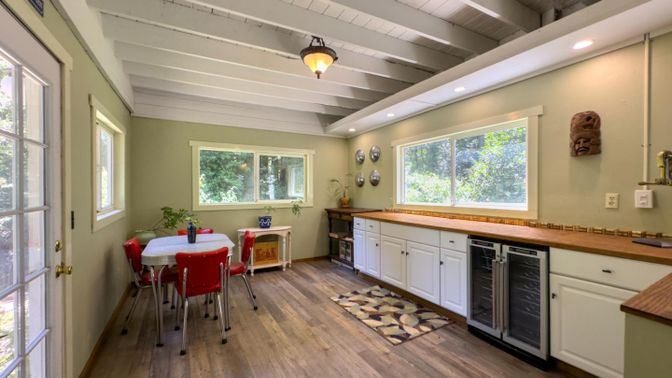 Dining room, Interior, Recessed Lighting, Wood Texture Flooring