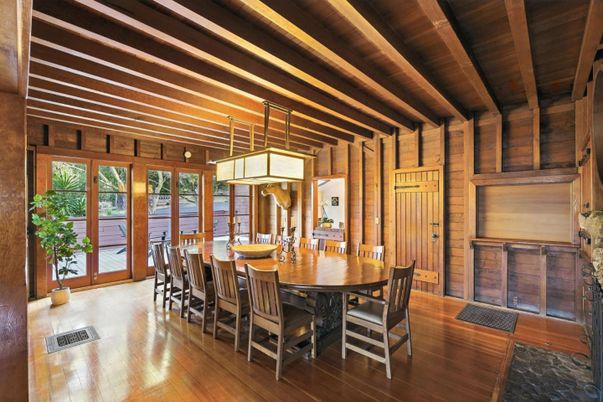 Dining room, Interior, Pendant Lights, Water, Wooden Beams, Wooden Ceilings, Wood Texture Flooring, Wooden Walls