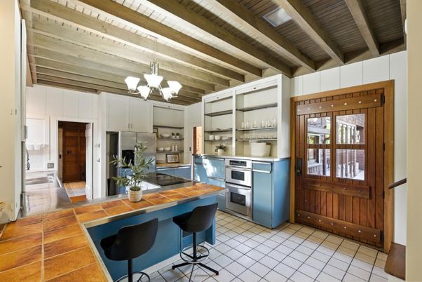 Chandelier, Interior, Kitchen, Stainless Steel Appliances, Tile Countertops, Wooden Beams, Wooden Ceilings