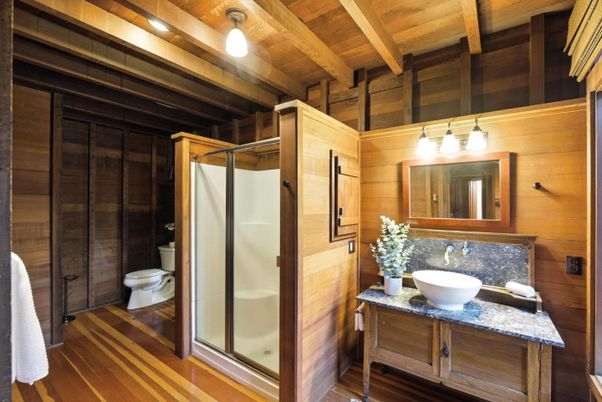 Bathroom, Glass Shower, Interior, Wooden Beams, Wooden Ceilings, Wood Texture Flooring, Wooden Walls