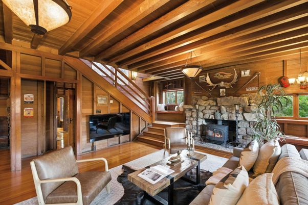 Fireplace, Interior, Living room, Pendant Lights, Stone Walls, Wooden Beams, Wooden Ceilings, Wood Texture Flooring, Wooden Walls