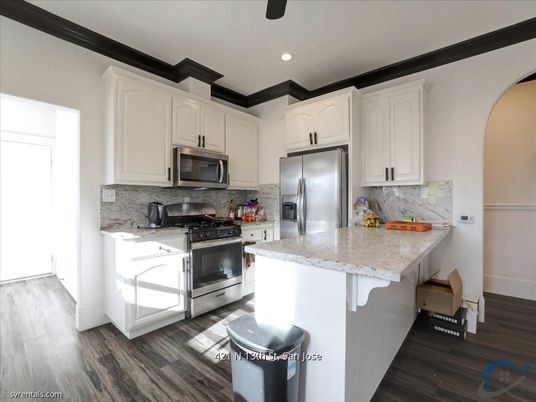Interior, Kitchen, Recessed Lighting, Stainless Steel Appliances, Wood Texture Flooring