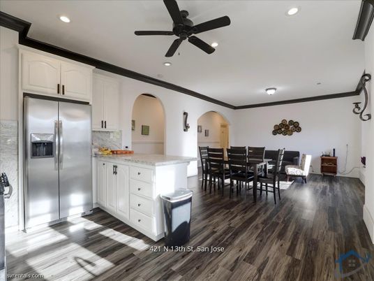 Dining room, Interior, Kitchen, Recessed Lighting, Stainless Steel Appliances, Wood Texture Flooring