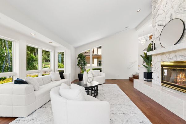 Fireplace, Interior, Living room, Marble, Pendant Lights, Recessed Lighting, Wood Texture Flooring