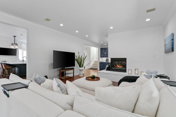 Fireplace, Interior, Living room, Pendant Lights, Recessed Lighting, Stone Walls