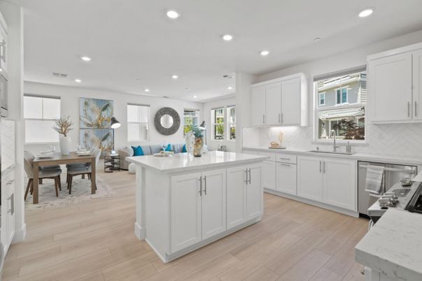 Dining room, Interior, Kitchen, Living room, Recessed Lighting, Stainless Steel Appliances, Wood Texture Flooring