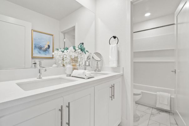 Bathroom, Dual Sink Vanities, Interior, Marble, Recessed Lighting
