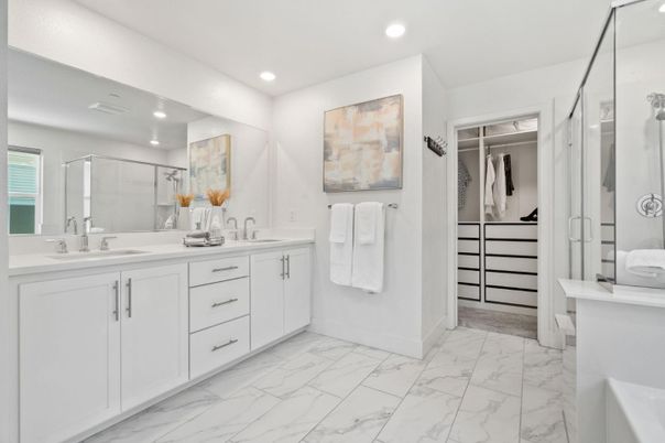 Bathroom, Dual Sink Vanities, Glass Shower, Interior, Marble, Recessed Lighting