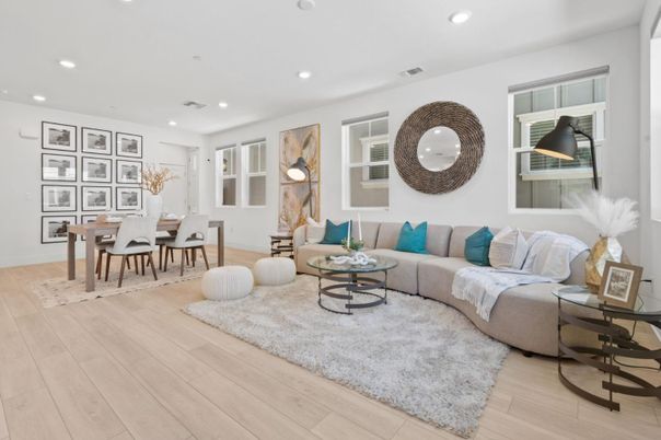 Dining room, Interior, Living room, Recessed Lighting, Wood Texture Flooring