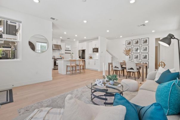 Dining room, Interior, Kitchen, Living room, Recessed Lighting, Stainless Steel Appliances, Wood Texture Flooring