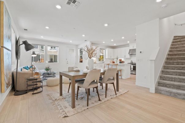 Dining room, Interior, Kitchen, Living room, Recessed Lighting, Stainless Steel Appliances, Wood Texture Flooring