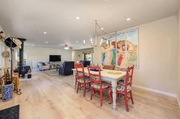 Dining room, Interior, Living room, Pendant Lights, Recessed Lighting, Wood Texture Flooring