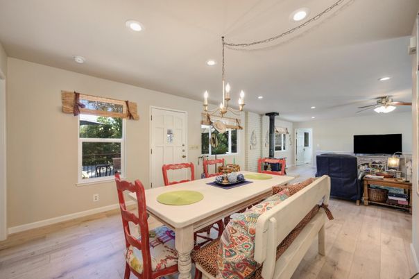 Chandelier, Dining room, Interior, Recessed Lighting, Wood Texture Flooring