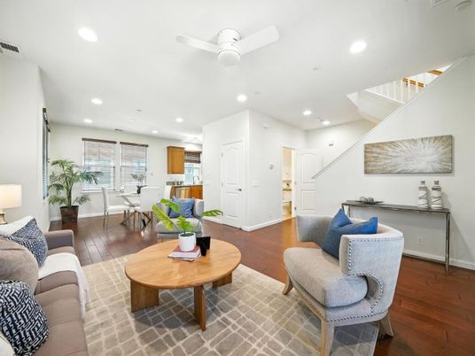 Dining room, Interior, Living room, Recessed Lighting, Wood Texture Flooring
