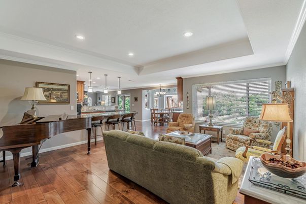 Dining room, Interior, Kitchen, Living room, Pendant Lights, Piano, Recessed Lighting, Wood Texture Flooring