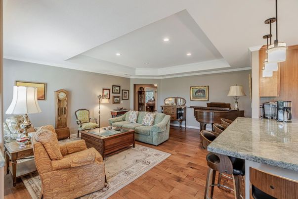 Interior, Living room, Piano, Recessed Lighting, Wood Texture Flooring