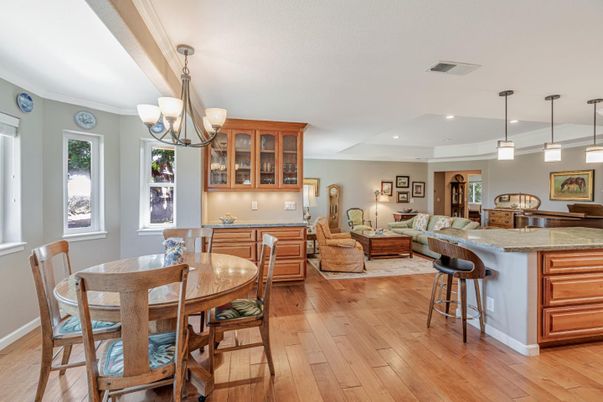 Dining room, Interior, Living room, Pendant Lights, Recessed Lighting, Wood Texture Flooring