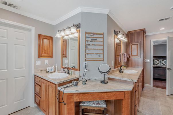 Bathroom, Dual Sink Vanities, Interior, Recessed Lighting, Tile Countertops